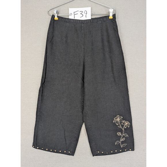 Erika Linen Capris Pants Size Medium Black Embroidered Beaded -0925F39 - Picture 7 of 7